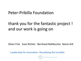 Peter-Pribilla Foundation

thank you for the fantastic project !
and our work is going on


Oliver Fritz Sven Richter Bernhard Rothbucher Mario Arlt


 Leadership for Innovation: Visualizing the Invisible
 