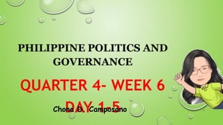 PHILIPPINE POLITICS AND
GOVERNANCE
QUARTER 4- WEEK 6
DAY 1-5
Chona D. Camposano 1
 