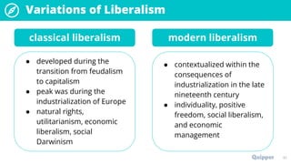 Variations of Liberalism
41
classical liberalism
● developed during the
transition from feudalism
to capitalism
● peak was during the
industrialization of Europe
● natural rights,
utilitarianism, economic
liberalism, social
Darwinism
modern liberalism
● contextualized within the
consequences of
industrialization in the late
nineteenth century
● individuality, positive
freedom, social liberalism,
and economic
management
 