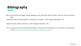 Bibliography
Ball, Terence and Richard Dagger. Political Ideologies and the Democratic Ideal, 6th edition. New York: Pearson Education,
2006.
Heywood, Andrew. Political Ideologies: An Introduction, 6th edition. London: Palgrave Macmillan, 2017.
Heywood, Andrew. Politics, 4th edition. London: Palgrave Macmillan, 2013.
The U.S. National Archives and Records Administration. “Declaration of Independence: A Transcription.” Accessed April
21, 2021. https://www.archives.gov/founding-docs/declaration-transcript.
53
 