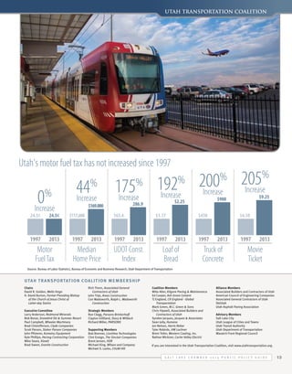 UTAH Transportation Coalition

Utah's motor fuel tax has not increased since 1997

0
Increase
%

44 175
Increase
Increase

24.5¢

$117,600

1997

2013

1997

163.4

2013

Median
Home Price

192 200 205
Increase
Increase
Increase

1997

$1.17

2013

UDOT Const.
Index

1997

%

$900

$2.25

286.9

$169.000

24.5¢

Motor
Fuel Tax

%

%

%

%

$9.25

$450

2013

Loaf of
Bread

1997

$4.50

2013

Truck of
Concrete

1997

2013

Movie
Ticket

Source: Bureau of Labor Statistics, Bureau of Economic and Business Research, Utah Department of Transportation

Utah Tran sportat ion Coalit ion Member ship
Chairs
David R. Golden, Wells Fargo
H. David Burton, Former Presiding Bishop
of the Church of Jesus Christ of
Latter-day Saints

Rich Thorn, Associated General
Contractors of Utah
John Tripi, Ames Construction
Con Wadsworth, Ralph L. Wadsworth
Construction

Executive Committee
Larry Anderson, Redmond Minerals
Bob Bonar, Snowbird Ski & Summer Resort
Paul Campbell, Wheeler Machinery
Brad Chistofferson, Clyde Companies
Scott Parson, Staker Parson Companies
John Pfisterer, Komatsu Equipment
Kyle Phillips, Herzog Contracting Corporation
Mike Seare, Kiewit
Brad Sweet, Granite Construction

Strategic Members
Ron Clegg, Parsons Brinkerhoff
Clayton Gilliland, Stacy & Witbeck
Richard Miller, PARSONS
Supporting Members
Bob Brenner, LiveView Technologies
Clint Ensign, The Sinclair Companies
Brent Jensen, HDR
Michael King, Wilson and Company
Michael S. Lasko, CH2M Hill

Coalition Members
Mike Alter, Kilgore Paving & Maintenance
Ed Cooper, Ash Grove Cement
TJ England, CR England - Global
Transportation
Mark Green, M.C. Green & Sons
Chris Hipwell, Associated Builders and
Contractors of Utah
Syndee Jacques, Jacques & Associates
Sean Jolly, Humana
Jon Nelson, Harris Rebar
Tyler Robirds, HW Lochner
Brent Toller, Western Coating, Inc.
Nathan Wickizer, Cache Valley Electric

Alliance Members
Associated Builders and Contractors of Utah
American Council of Engineering Companies
Associated General Contractors of Utah
SkiUtah
Utah Asphalt Paving Association
Advisory Members
Salt Lake City
Utah League of Cities and Towns
Utah Transit Authority
Utah Department of Transportation
Wasatch Front Regional Council

If you are interested in the Utah Transportation Coalition, visit www.utahtransportation.org.

S alt L ake C hamber 2 0 1 4 P ublic P olicy G uide

13

 