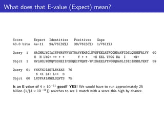 What does that E-value (Expect) mean?
Score Expect Identities Positives Gaps
40.0 bits 4e-11 24/76(32%) 38/76(50%) 1/76(1%)
Query 1 HAGHRLYGIAINPNRVFKVNTNAYYEMSGLEVSFEELRTFGGHDAKFIDSLQENEFRLYY 60
H H LYG+ ++ + + Y + + +S EEL TFGG DA I +N+
Sbjct 1 HVLHGLYGMQVSSHEIIPSKQEIYMQHT-YPISAEELFTFGGQDANLISIDIKNDLYEKT 59
Query 61 YNKFKDIASTLNKAKS 76
N +K IA+ L++ S
Sbjct 60 LNDYKAIANKLSQVTS 75
Is an E-value of 4 × 10−11 good? YES! We would have to run approximately 25
billion (1/(4 × 10−11)) searches to see 1 match with a score this high by chance.
 