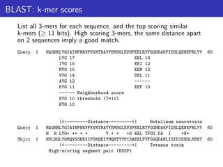 BLAST: k-mer scores
List all 3-mers for each sequence, and the top scoring similar
k-mers (≥ 11 bits). High scoring 3-mers, the same distance apart
on 2 sequences imply a good match.
Query 1 HAGHRLYGIAINPNRVFKVNTNAYYEMSGLEVSFEELRTFGGHDAKFIDSLQENEFRLYY 60
LYG 17 EEL 14
IYG 15 EEI 12
MYG 15 EEM 12
VYG 14 DEL 11
AYG 12 ------
KYG 11 EEF 10
------ Neighborhood score
EYG 10 threshold (T=11)
HYG 10
|<---------Distance--------->| Botulinum neurotoxin
Query 1 HAGHRLYGIAINPNRVFKVNTNAYYEMSGLEVSFEELRTFGGHDAKFIDSLQENEFRLYY 60
H H LYG+ ++ + + Y + + +S EEL TFGG DA I +N+
Sbjct 1 HVLHGLYGMQVSSHEIIPSKQEIYMQHTYYPISAEELFTFGGQDANLISIDIKNDLYEKT 60
|<---------Distance--------->| Tetanus toxin
High-scoring segment pair (HSSP)
 