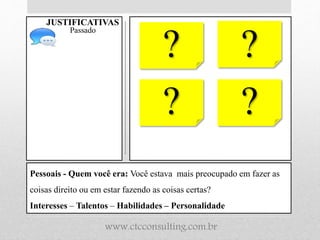Pessoais - Quem você era: Você estava mais preocupado em fazer as
coisas direito ou em estar fazendo as coisas certas?
Interesses – Talentos – Habilidades – Personalidade
JUSTIFICATIVAS
Passado
? ?
? ?
www.ctcconsulting.com.br
 