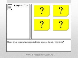 Quais eram os principais requisitos no alcance de seus objetivos?
REQUISITOS
? ?
? ?
www.ctcconsulting.com.br
 