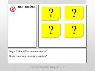 O que é pior, falhar ou nunca tentar?
Quais eram as principais restrições?
RESTRIÇÕES
? ?
? ?
www.ctcconsulting.com.br
 