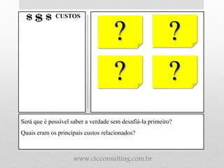 Será que é possível saber a verdade sem desafiá-la primeiro?
Quais eram os principais custos relacionados?
CUSTOS
? ?
? ?
www.ctcconsulting.com.br
 