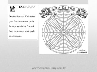 O teste Roda da Vida serve
para demonstrar em quais
áreas pessoais você se sai
bem e em quais você pode
se aprimorar.
EXERCÍCIO
www.ctcconsulting.com.br
 