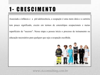 Associada a infância e a pré-adolescência, a ocupação é uma mera ideia e a carreira
tem pouco significado, exceto em termos de estereótipos ocupacionais e metas
superficiais de “sucesso”. Nessa etapa a pessoa inicia o processo de treinamento ou
educação necessários para qualquer que seja a ocupação escolhida.
1 - CRESCIMENTO
www.ctcconsulting.com.br
 