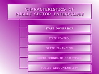 CHARACTERISTICS OFCHARACTERISTICS OF
PUBLIC SECTOR ENTERPRISESPUBLIC SECTOR ENTERPRISES
CHARACTERISTICS OFCHARACTERISTICS OF
PUBLIC SECTOR ENTERPRISESPUBLIC SECTOR ENTERPRISES
STATE OWNERSHIPSTATE OWNERSHIP
STATE CONTROLSTATE CONTROL
STATE FINANCINGSTATE FINANCING
SOCIO-ECONOMIC OBJECTIVESSOCIO-ECONOMIC OBJECTIVES
PUBLIC ACCOUNTABILITYPUBLIC ACCOUNTABILITY
 