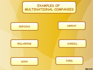 EXAMPLES OF
MULTINATIONAL COMPANIES
EXAMPLES OF
MULTINATIONAL COMPANIES
INFOSYSINFOSYS
BILLABONGBILLABONG
SONYSONY
FORDFORD
KARGILLKARGILL
AMWAYAMWAY
 