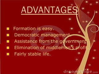 ADVANTAGES
Formation is easy.
Democratic management.
Assistance from the government.
Elimination of middlemen’s profit.
Fairly stable life.
 