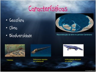Características Geosfera Clima Biodiversidade Reconstituição da terra no período Cambriano Laurentia Sibéria Báltica Gondwana Trilobites Orthoceras regulare um cefalópode  Ichthyostega stensioei um anfíbio  