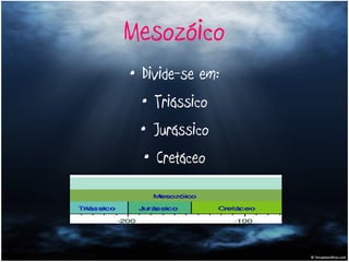 Mesozóico Divide-se em: Triássico Jurássico Cretáceo 