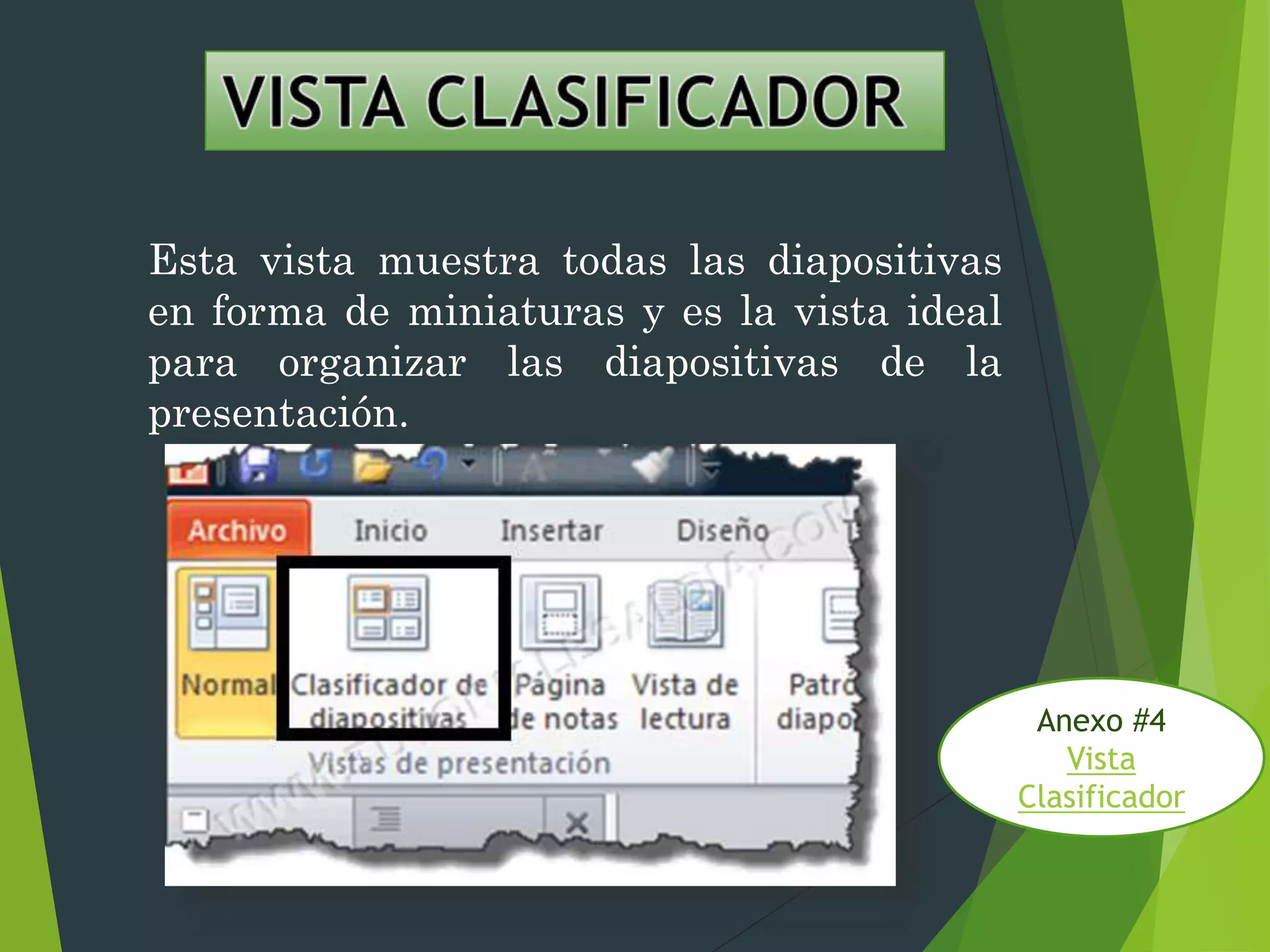 Esta vista muestra todas las diapositivas
en forma de miniaturas y es la vista ideal
para organizar las diapositivas de la
presentación.
Anexo #4
Vista
Clasificador
 
