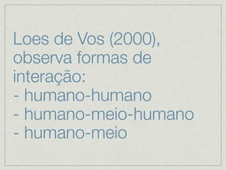 Loes de Vos (2000),
observa formas de
interação:
- humano-humano
- humano-meio-humano
- humano-meio
 
