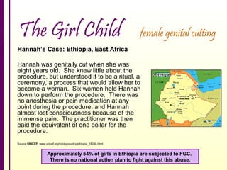 The Girl Child

female genital cutting

Hannah’s Case: Ethiopia, East Africa
Hannah was genitally cut when she was
eight years old. She knew little about the
procedure, but understood it to be a ritual, a
ceremony, a process that would allow her to
become a woman. Six women held Hannah
down to perform the procedure. There was
no anesthesia or pain medication at any
point during the procedure, and Hannah
almost lost consciousness because of the
immense pain. The practitioner was then
paid the equivalent of one dollar for the
procedure.
Source:UNICEF, www.unicef.org/infobycountry/ethiopia_18246.html

Approximately 54% of girls in Ethiopia are subjected to FGC.
There is no national action plan to fight against this abuse.

 