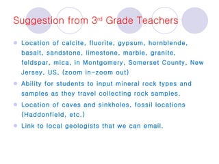 Suggestion from 3 rd  Grade Teachers Location of calcite, fluorite, gypsum, hornblende, basalt, sandstone, limestone, marble, granite, feldspar, mica, in Montgomery, Somerset County, New Jersey, US, (zoom in-zoom out)  Ability for students to input mineral rock types and samples as they travel collecting rock samples.  Location of caves and sinkholes, fossil locations (Haddonfield, etc.) Link to local geologists that we can email. 
