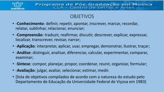 OBJETIVOS 
• -Conhecimento: definir, repetir, apontar, inscrever, marcar, recordar, 
relatar, sublinhar, relacionar, enunciar; 
• -Compreensão: traduzir, reafirmar, discutir, descrever, explicar, expressar, 
localizar, transcrever, revisar, narrar; 
• -Aplicação: interpretar, aplicar, usar, empregar, demonstrar, ilustrar, traçar; 
• -Análise: distinguir, analisar, diferenciar, calcular, experimentar, comparar, 
examinar; 
• -Síntese: compor, planejar, propor, coordenar, reunir, organizar, formular; 
• -Avaliação: julgar, avaliar, selecionar, estimar, medir. 
• [lista de objetivos compilados de acordo com a natureza do estudo pelo 
Departamento de Educação da Universidade Federal de Viçosa em 1983] 
 