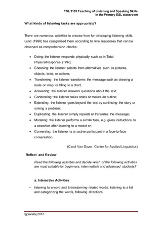 TSL 3105 Teaching of Listening and Speaking Skills
in the Primary ESL classroom
lgp/wsl/kj 2012
What kinds of listening tasks are appropriate?
There are numerous activities to choose from for developing listening skills.
Lund (1990) has categorised them according to nine responses that can be
observed as comprehension checks:
 Doing: the listener responds physically such as in Total
PhysicalResponse (TPR);
 Choosing: the listener selects from alternatives such as pictures,
objects, texts, or actions;
 Transferring: the listener transforms the message such as drawing a
route on map, or filling in a chart;
 Answering: the listener answers questions about the text;
 Condensing: the listener takes notes or makes an outline;
 Extending: the listener goes beyond the text by continuing the story or
solving a problem;
 Duplicating: the listener simply repeats or translates the message;
 Modeling: the listener performs a similar task, e.g. gives instructions to
a coworker after listening to a model or;
 Conversing: the listener is an active participant in a face-to-face
conversation.
(Carol Van Dozer, Center for Applied Linguistics)
Reflect and Review
Read the following activities and decide which of the following activities
are most suitable for beginners, intermediate and advanced students?
a. Interactive Activities
• listening to a word and brainstorming related words, listening to a list
and categorizing the words, following directions
 