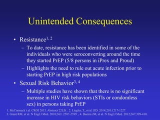 Unintended Consequences
• Resistance1, 2
– To date, resistance has been identified in some of the
individuals who were seroconverting around the time
they started PrEP (5/8 persons in iPrex and Proud)
– Highlights the need to rule out acute infection prior to
starting PrEP in high risk populations
• Sexual Risk Behavior3, 4
– Multiple studies have shown that there is no significant
increase in HIV risk behaviors (STIs or condomless
sex) in persons taking PrEP
1. McCormack t al. CROI 2015. Abstract 22LB. . 2. Liegler, T., et al. JID. 2014;210:1217-1227.
3. Grant RM, et al. N Engl J Med. 2010;363: 2587-2599. , 4. Baeten JM, et al. N Engl J Med. 2012;367:399-410.
 