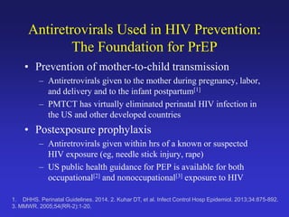 Antiretrovirals Used in HIV Prevention:
The Foundation for PrEP
• Prevention of mother-to-child transmission
– Antiretrovirals given to the mother during pregnancy, labor,
and delivery and to the infant postpartum[1]
– PMTCT has virtually eliminated perinatal HIV infection in
the US and other developed countries
• Postexposure prophylaxis
– Antiretrovirals given within hrs of a known or suspected
HIV exposure (eg, needle stick injury, rape)
– US public health guidance for PEP is available for both
occupational[2] and nonoccupational[3] exposure to HIV
1. DHHS. Perinatal Guidelines. 2014. 2. Kuhar DT, et al. Infect Control Hosp Epidemiol. 2013;34:875-892.
3. MMWR. 2005;54(RR-2):1-20.
 