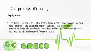 Our process of making 
Equipment: 
• PVA Glue – Paper tape – glue (made from rice) – water color – carton 
box – ribbon – old calendar paper – scissor – old newspaper – 
hardcover from old notebook – old fleece fabric (use for sew pillow). 
We take the old and unused from our home. 
 