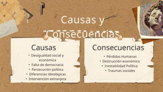 Causas y
Consecuencias
Causas Consecuencias
• Desigualdad social y
económica
• Falta de democracia
• Persecución política
• Diferencias ideológicas
• Intervención extranjera
• Pérdidas Humanas
• Destrucción económica
• Inestabilidad Política
• Traumas sociales
 
