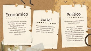 Económico
La concentración de tierras
en manos de unas pocas
familias adineradas,
intensifico la pobreza y la
marginalización de la
mayoría de la población
campesina
Social
Esta desigualdad económica
creó tensiones sociales que
se manifestaron en la lucha
por la tierra y los recursos.
Político
Décadas de represión política
y exclusión social.
Los regímenes autoritarios
que gobernaron el país
durante gran parte del siglo
XX reprimieron las formas de
oposición y perpetuaron un
sistema que beneficiaba a
una élite en perjuicio de la
mayoría de la población.
 