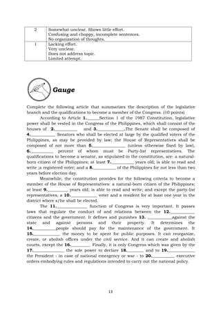 13
2 Somewhat unclear. Shows little effort.
Confusing and choppy, incomplete sentences.
No organization of thoughts.
1 Lacking effort.
Very unclear.
Does not address topic.
Limited attempt.
Complete the following article that summarizes the description of the legislative
branch and the qualifications to become a member of the Congress. (10 points)
According to Article 1.______Section 1 of the 1987 Constitution, legislative
power shall be vested in the Congress of the Philippines, which shall consist of the
houses of 2.___________ and 3._____________.The Senate shall be composed of
4.____________ Senators who shall be elected at large by the qualified voters of the
Philippines, as may be provided by law; the House of Representatives shall be
composed of not more than 5.________________ (unless otherwise fixed by law),
6.___________ percent of whom must be Party-list representatives. The
qualifications to become a senator, as stipulated in the constitution, are: a natural-
born citizen of the Philippines; at least 7.___________ years old; is able to read and
write ;a registered voter; and a 8.___________ of the Philippines for not less than two
years before election day.
Meanwhile, the constitution provides for the following criteria to become a
member of the House of Representatives: a natural-born citizen of the Philippines;
at least 9.__________ years old; is able to read and write; and except the party-list
representatives, a 10._____________ voter and a resident for at least one year in the
district where s/he shall be elected.
The 11._______________ function of Congress is very important. It passes
laws that regulate the conduct of and relations between the 12.____________
citizens and the government. It defines and punishes 13. ____________against the
state and against persons and their property. It determines the
14.___________people should pay for the maintenance of the government. It
15._____________ the money to be spent for public purposes. It can reorganize,
create, or abolish offices under the civil service. And it can create and abolish
courts, except the 16._________. Finally, it is only Congress which was given by the
17._______________ the sole power to declare 18.________ and to 19._____________
the President - in case of national emergency or war - to 20.___________ executive
orders embodying rules and regulations intended to carry out the national policy.
Gauge
 