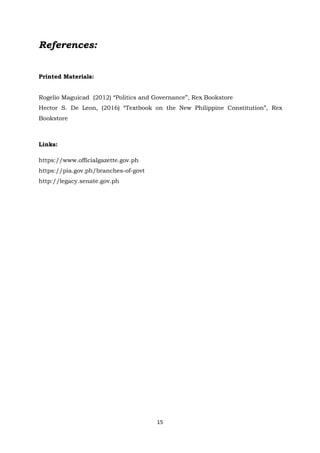 15
References:
Printed Materials:
Rogelio Maguicad (2012) “Politics and Governance”, Rex Bookstore
Hector S. De Leon, (2016) “Textbook on the New Philippine Constitution”, Rex
Bookstore
Links:
https://www.officialgazette.gov.ph
https://pia.gov.ph/branches-of-govt
http://legacy.senate.gov.ph
 