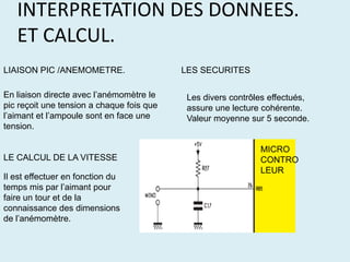 INTERPRETATION DES DONNEES.ET CALCUL.LIAISON PIC /ANEMOMETRE.LES SECURITESEn liaison directe avec l’anémomètre le pic reçoit une tension a chaque fois que l’aimant et l’ampoule sont en face une tension.Les divers contrôles effectués, assure une lecture cohérente.Valeur moyenne sur 5 seconde.MICROCONTROLEURLE CALCUL DE LA VITESSEIl est effectuer en fonction du temps mis par l’aimant pour faire un tour et de la connaissance des dimensions de l’anémomètre.