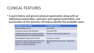 CLINICAL FEATURES
• A quick history and general physical examination along with an
abdominal examination, speculum and vaginal examination, and
examination of the placenta will help to identify the probable cause.
Findings in case of PPH Probable diagnosis
Relaxed flabby uterus Atonic PPH
Contracted uterus with bleeding Traumatic PPH
Undelivered placenta/ partial expulsion
of placental tissue/ Incomplete placenta
Partial or total retained placenta
Non-palpable fundus of the uterus Inversion of uterus
Contracted uterus along with absence of
trauma or retained placental tissues,
failure of medical treatment
Disseminated intravascular coagulation
(DIC)
 