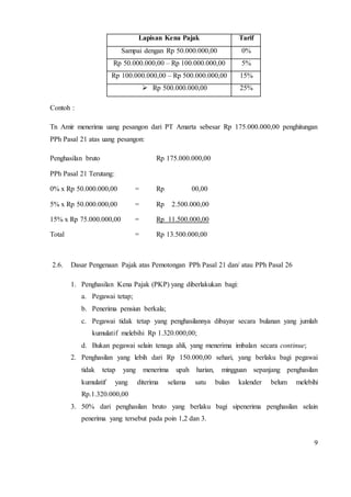 9 
Lapisan Kena Pajak Tarif 
Sampai dengan Rp 50.000.000,00 0% 
Rp 50.000.000,00 – Rp 100.000.000,00 5% 
Rp 100.000.000,00 – Rp 500.000.000,00 15% 
 Rp 500.000.000,00 25% 
Contoh : 
Tn Amir menerima uang pesangon dari PT Amarta sebesar Rp 175.000.000,00 penghitungan 
PPh Pasal 21 atas uang pesangon: 
Penghasilan bruto Rp 175.000.000,00 
PPh Pasal 21 Terutang: 
0% x Rp 50.000.000,00 = Rp 00,00 
5% x Rp 50.000.000,00 = Rp 2.500.000,00 
15% x Rp 75.000.000,00 = Rp 11.500.000,00 
Total = Rp 13.500.000,00 
2.6. Dasar Pengenaan Pajak atas Pemotongan PPh Pasal 21 dan/ atau PPh Pasal 26 
1. Penghasilan Kena Pajak (PKP) yang diberlakukan bagi: 
a. Pegawai tetap; 
b. Penerima pensiun berkala; 
c. Pegawai tidak tetap yang penghasilannya dibayar secara bulanan yang jumlah 
kumulatif melebihi Rp 1.320.000,00; 
d. Bukan pegawai selain tenaga ahli, yang menerima imbalan secara continue; 
2. Penghasilan yang lebih dari Rp 150.000,00 sehari, yang berlaku bagi pegawai 
tidak tetap yang menerima upah harian, mingguan sepanjang penghasilan 
kumulatif yang diterima selama satu bulan kalender belum melebihi 
Rp.1.320.000,00 
3. 50% dari penghasilan bruto yang berlaku bagi sipenerima penghasilan selain 
penerima yang tersebut pada poin 1,2 dan 3. 
 