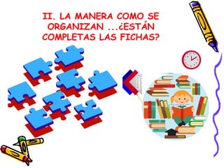II. LA MANERA COMO SE
ORGANIZAN ...¿ESTÁN
COMPLETAS LAS FICHAS?
1
1 2
2
3
4
5
6
7
8
9
1 0
1 1
 