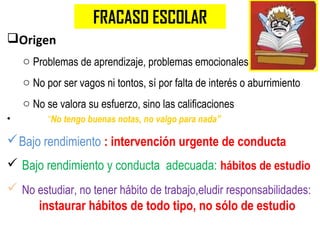 FRACASO ESCOLAR
Origen
o Problemas de aprendizaje, problemas emocionales
o No por ser vagos ni tontos, sí por falta de interés o aburrimiento
o No se valora su esfuerzo, sino las calificaciones
• “No tengo buenas notas, no valgo para nada”
Bajo rendimiento : intervención urgente de conducta
 Bajo rendimiento y conducta adecuada: hábitos de estudio
 No estudiar, no tener hábito de trabajo,eludir responsabilidades:
instaurar hábitos de todo tipo, no sólo de estudio
 