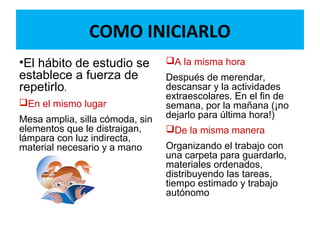 COMO INICIARLO
•El hábito de estudio se
establece a fuerza de
repetirlo.
En el mismo lugar
Mesa amplia, silla cómoda, sin
elementos que le distraigan,
lámpara con luz indirecta,
material necesario y a mano
A la misma hora
Después de merendar,
descansar y la actividades
extraescolares. En el fin de
semana, por la mañana (¡no
dejarlo para última hora!)
De la misma manera
Organizando el trabajo con
una carpeta para guardarlo,
materiales ordenados,
distribuyendo las tareas,
tiempo estimado y trabajo
autónomo
 