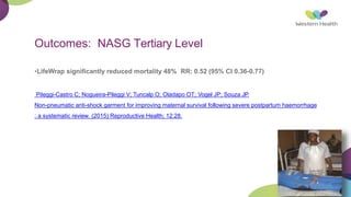 Outcomes: NASG Tertiary Level
•LifeWrap significantly reduced mortality 48% RR: 0.52 (95% CI 0.36-0.77)
Pileggi-Castro C; Nogueira-Pileggi V; Tuncalp O; Oladapo OT; Vogel JP; Souza JP.
Non-pneumatic anti-shock garment for improving maternal survival following severe postpartum haemorrhage
: a systematic review. (2015) Reproductive Health; 12:28.
 
