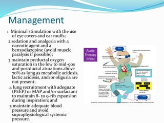 Management
1 Minimal stimulation with the use
of eye covers and ear muffs;
2 sedation and analgesia with a
narcotic agent and a
benzodiazepine (avoid muscle
paralysis if possible);
3 maintain preductal oxygen
saturation in the low to mid-90s
and postductal aturations above
70% as long as metabolic acidosis,
lactic acidosis, and/or oliguria are
not present;
4 lung recruitment with adequate
(PEEP) or MAP and/or surfactant
to maintain 8- to 9-rib expansion
during inspiration; and
5 maintain adequate blood
pressure and avoid
supraphysiological systemic
pressure.
 