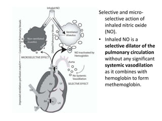 Selective and micro-
selective action of
inhaled nitric oxide
(NO).
• Inhaled NO is a
selective dilator of the
pulmonary circulation
without any significant
systemic vasodilation
as it combines with
hemoglobin to form
methemoglobin.
 