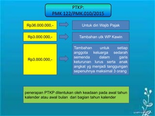 Rp36.000.000,- Untuk diri Wajib Pajak
Rp3.000.000,-
Rp3.000.000,-
Tambahan utk WP Kawin
Tambahan untuk setiap
anggota keluarga sedarah
semenda dalam garis
keturunan lurus serta anak
angkat yg menjadi tanggungan
sepenuhnya maksimal 3 orang
penerapan PTKP ditentukan oleh keadaan pada awal tahun
kalender atau awal bulan dari bagian tahun kalender
PTKP:
PMK 122/PMK.010/2015
 