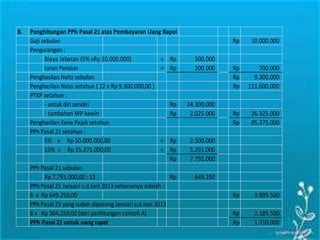 B. Penghitungan PPh Pasal 21 atas Pembayaran Uang Rapel
Gaji sebulan Rp 10.000.000
Pengurangan :
Biaya Jabatan (5% xRp 10.000.000) = Rp 500.000
Iuran Pensiun = Rp 200.000 Rp 700.000
Penghasilan Neto sebulan Rp 9.300.000
Penghasilan Neto setahun ( 12 x Rp 9.300.000,00 ) Rp 111.600.000
PTKP setahun :
- untuk diri sendiri Rp 24.300.000
- tambahan WP kawin Rp 2.025.000 Rp 26.325.000
Penghasilan Kena Pajak setahun Rp 85.275.000
PPh Pasal 21 setahun :
5% x Rp 50.000.000,00 = Rp 2.500.000
15% x Rp 35.275.000,00 = Rp 5.291.000
Rp 7.791.000
PPh Pasal 21 sebulan
Rp 7.791.000,00 : 12 Rp 649.250
PPh Pasal 21 Januari s.d Juni 2013 seharusnya adalah :
6 x Rp 649.250,00 Rp 3.895.500
PPh Pasal 21 yang sudah dipotong Januari s.d Juni 2013
6 x Rp 364.250,00 (dari perhitungan contoh A) Rp 2.185.500
PPh Pasal 21 untuk uang rapel Rp 1.710.000
 