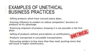 EXAMPLES OF UNETHICAL
BUSINESS PRACTICES
Selling products which have crossed expiry dates.
Exerting influence to vendors to reduce competitors’ business or
products to his advantage.
Promising shipment of product, knowing it is not possible in the first
place.
Selling of products without prescriptions or certifications.
Products transported in unsuitable transportation.
Pressuring vendors to buy more than they need, pushing items that
will result in higher commissions.
27
 