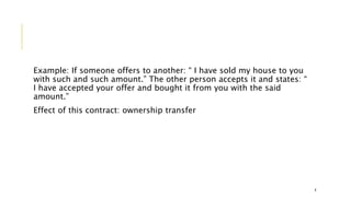 Example: If someone offers to another: “ I have sold my house to you
with such and such amount.” The other person accepts it and states: “
I have accepted your offer and bought it from you with the said
amount.”
Effect of this contract: ownership transfer
4
 