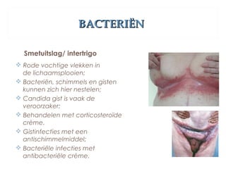 BACTERIËNBACTERIËN
Smetuitslag/ intertrigo
 Rode vochtige vlekken in
de lichaamsplooien;
 Bacteriën, schimmels en gisten
kunnen zich hier nestelen;
 Candida gist is vaak de
veroorzaker;
 Behandelen met corticosteroïde
crème.
 Gistinfecties met een
antischimmelmiddel;
 Bacteriële infecties met
antibacteriële crème.
 