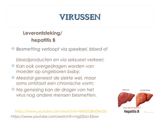 VIRUSSENVIRUSSEN
Leverontsteking/
hepatitis B
 Besmetting verloopt via speeksel, bloed of
bloedproducten en via seksueel verkeer;
 Kan ook overgedragen worden van
moeder op ongeboren baby;
 Meestal geneest de ziekte wel, maar
soms ontstaat een chronische vorm;
 Na genezing kan de drager van het
virus nog andere mensen besmetten.
https://www.youtube.com/watch?v=WXGGBnDMJ5c
https://www.youtube.com/watch?v=ng22Ucr33aw
 