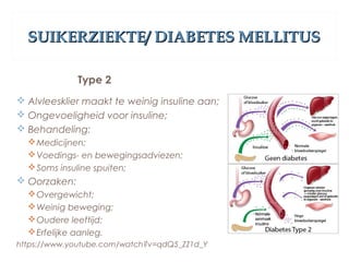 SUIKERZIEKTE/ DIABETES MELLITUSSUIKERZIEKTE/ DIABETES MELLITUS
Type 2
 Alvleesklier maakt te weinig insuline aan;
 Ongevoeligheid voor insuline;
 Behandeling:
Medicijnen;
Voedings- en bewegingsadviezen;
Soms insuline spuiten;
 Oorzaken:
Overgewicht;
Weinig beweging;
Oudere leeftijd;
Erfelijke aanleg.
https://www.youtube.com/watch?v=qdQ5_ZZ1d_Y
 