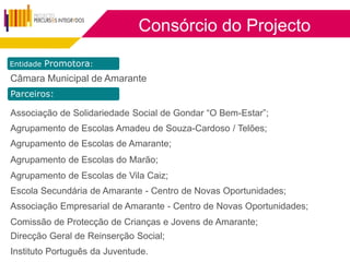 Consórcio do Projecto

Entidade Promotora:

Câmara Municipal de Amarante
Parceiros:

Associação de Solidariedade Social de Gondar “O Bem-Estar”;
Agrupamento de Escolas Amadeu de Souza-Cardoso / Telões;
Agrupamento de Escolas de Amarante;
Agrupamento de Escolas do Marão;
Agrupamento de Escolas de Vila Caiz;
Escola Secundária de Amarante - Centro de Novas Oportunidades;
Associação Empresarial de Amarante - Centro de Novas Oportunidades;
Comissão de Protecção de Crianças e Jovens de Amarante;
Direcção Geral de Reinserção Social;
Instituto Português da Juventude.
 