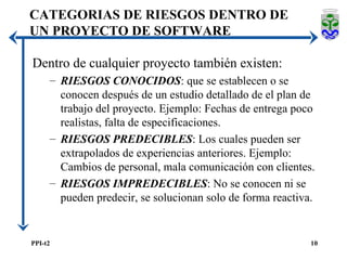 Dentro de cualquier proyecto también existen: RIESGOS CONOCIDOS : que se establecen o se conocen después de un estudio detallado de el plan de trabajo del proyecto. Ejemplo: Fechas de entrega poco realistas, falta de especificaciones. RIESGOS PREDECIBLES : Los cuales pueden ser extrapolados de experiencias anteriores. Ejemplo: Cambios de personal, mala comunicación con clientes. RIESGOS IMPREDECIBLES : No se conocen ni se pueden predecir, se solucionan solo de forma reactiva. CATEGORIAS DE RIESGOS DENTRO DE UN PROYECTO DE SOFTWARE 