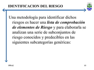 Una metodología para identificar dichos riesgos es hacer una  lista de comprobación de elementos de Riesgo  y para elaborarla se analizan una serie de subconjuntos de riesgo conocidos y predecibles en las siguientes subcategorías genéricas: IDENTIFICACION DEL RIESGO 